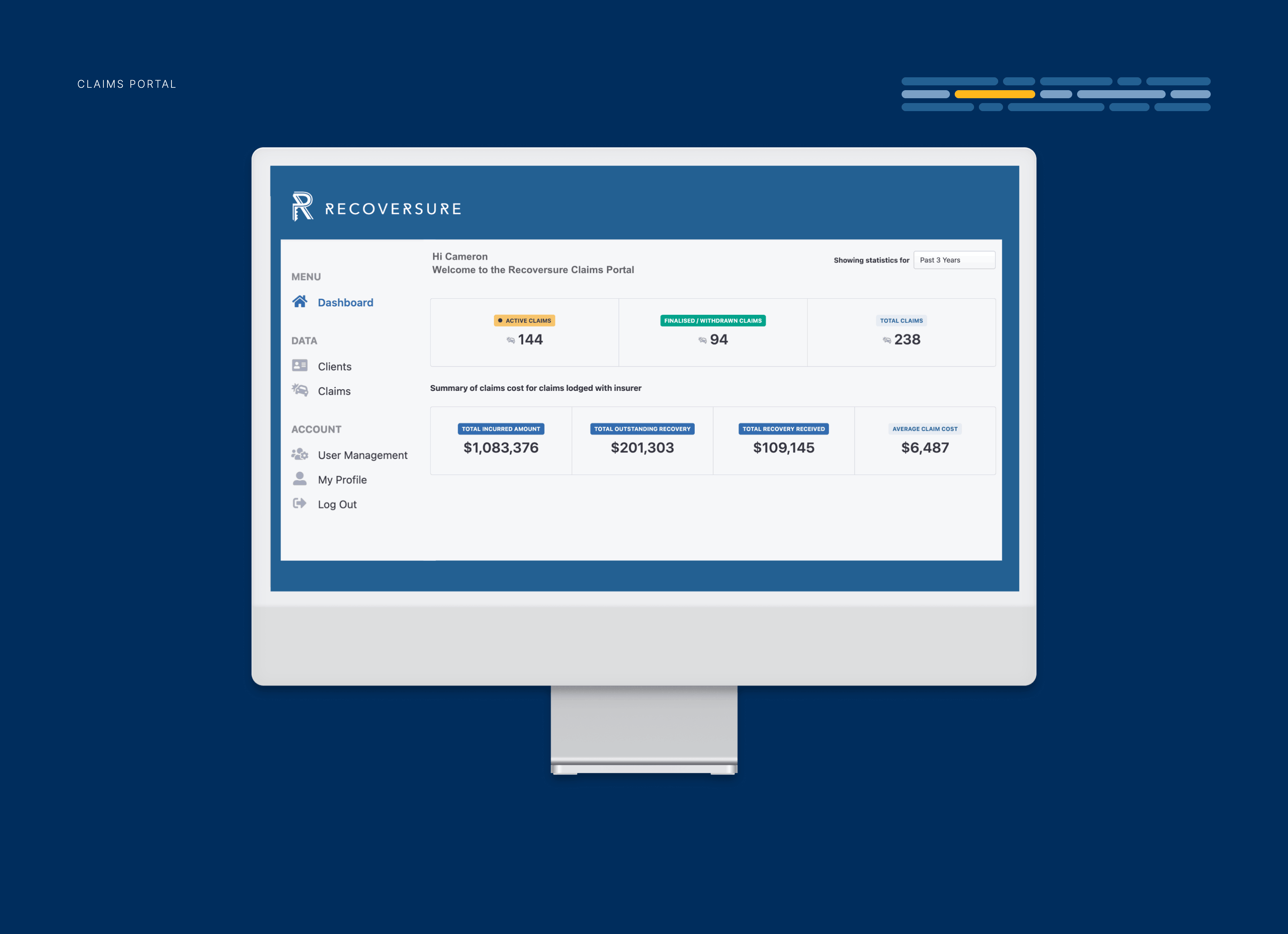 Recoversure claims portal dashboard showing active, finalised and total claims with cost and recovery summaries